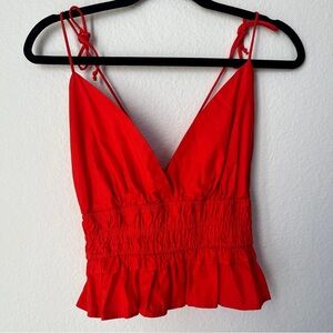 Red Orange Smocked Crop Top Tie Strap Deep V Neck Flowy Peplum Summer Festival